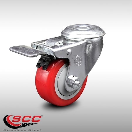 SERVICE CASTER 3 Inch SS Red Polyurethane Wheel Swivel Bolt Hole Caster with Total Lock Brake SCC-SSBHTTL20S314-PPUB-RED